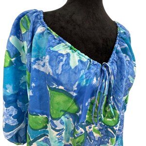 Lauren Ralph‎ Milkmaid Top Womens Size L Silk Floral Watercolor Drawstring Neck